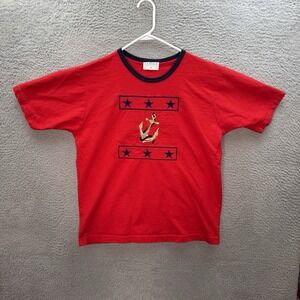 Vintage La Belle Shirt Womens Medium Red Blue Embroidered Nautical 1990s Y2K